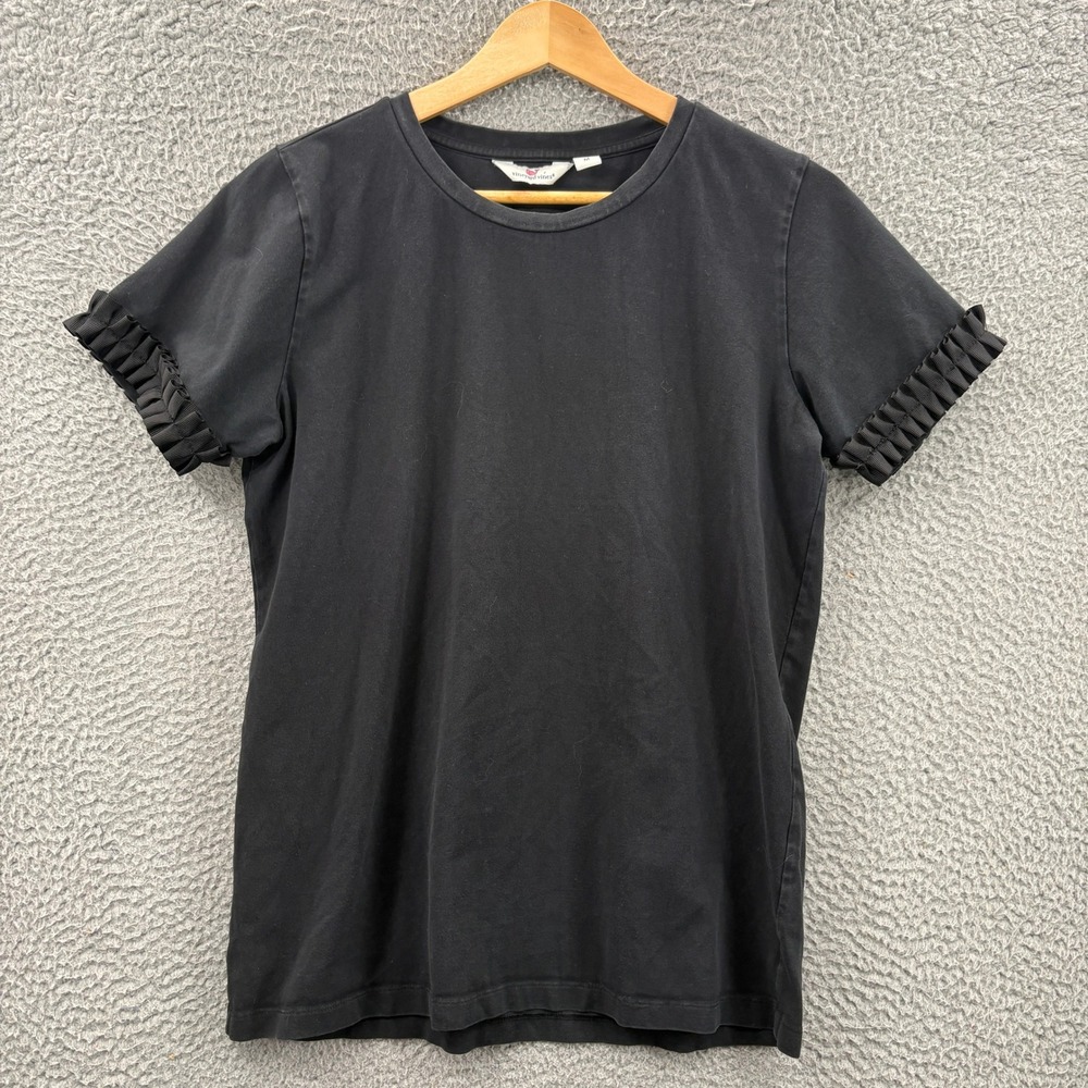 Vineyard Vines T-Shirt Women M Black Ruffle Sleeve Crew Neck 2K1310